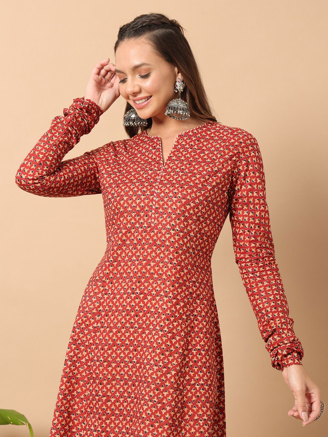 FAR0113 Red Size Set Long Sleeve Printed Cotton Kurti Wholesale Shop In Surat

